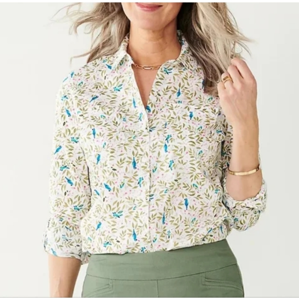 Croft & Barrow Essential Comfort Stretch button up Shirt Bird Floral Print -